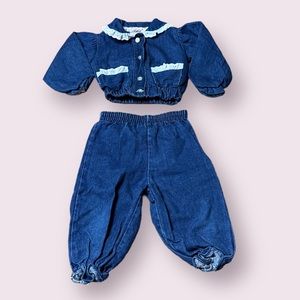 Vintage Baby Park Bench Kids Two Piece Denim And Lace Outfit Size 13 Months